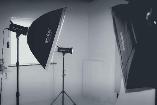 360 product photography basics; professional lights in a set-up photography studio