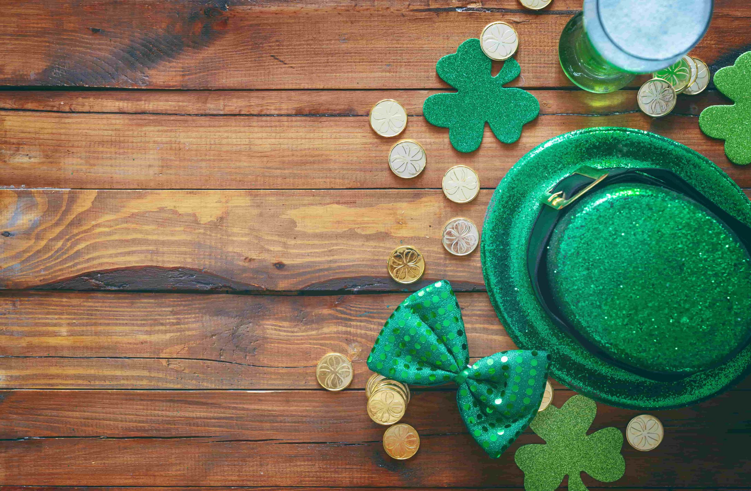 Commercial photography for St. Patrick’s Day, green props and decorations for the Irish holiday.